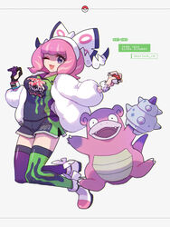  ;d asymmetrical_legwear bow bow_hairband bracelet breasts character_name collared_shirt commentary_request copyright_name drill_hair dynamax_band eyelashes eyeshadow female flipped_hair fur_jacket galarian_slowbro gloves hairband hairbow highres holding holding_poke_ball jacket jewelry klara_(pokemon) looking_at_viewer makeup mayuzumi medium_breasts mismatched_legwear mole mole_under_mouth one_eye_closed open_mouth partially_fingerless_gloves pink_eyeshadow pink_hair pink_lips poke_ball poke_ball_(basic) poke_ball_symbol pokemon pokemon_(creature) pokemon_swsh print_shirt print_shorts print_thighhighs purple_eyes ring shaded_face shirt shoes short_hair shorts single_glove smile thighhighs twin_drills white_background white_bow white_hairband white_jacket 