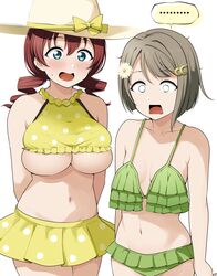  2girls arms_behind_back barkhorn0331 bikini blue_eyes blush breasts brown_hair commentary cosplay costume_switch drill_hair emma_verde flower freckles frilled_bikini frills green_bikini hair_flower hair_ornament hat highres large_breasts looking_at_another love_live! love_live!_nijigasaki_high_school_idol_club multiple_girls nakasu_kasumi navel open_mouth oversized_breast_cup polka_dot polka_dot_bikini red_hair short_hair simple_background small_breasts stomach swimsuit taut_bikini taut_clothes taut_swimsuit twin_drills underboob undersized_breast_cup white_background white_headwear yellow_bikini 