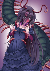  antennae arthropod_girl arthropod_limbs bare_shoulders black_dress blush centipede_girl closed_mouth commentary_request commission dress embarrassed female full-face_blush goth_fashion highres long_hair monster_girl monster_girl_encyclopedia oomukade_(monster_girl_encyclopedia) pixiv_commission purple_eyes purple_hair solo tyomoti wavy_mouth 