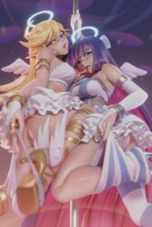  2girls 3d angel_wings blender_(medium) blonde_hair blue_eyes blue_hair breasts gladiator_sandals gold_footwear high_heels highres long_hair looking_at_viewer multicolored_hair multiple_girls panties panty_&amp;_stocking_with_garterbelt panty_(psg) panty_pull pink_panties pole_dancing sandals siblings sisters skirt stocking_(psg) strappy_heels striped_clothes striped_thighhighs thighhighs thighhighs_pull thighs ucupumar underwear white_skirt wings 