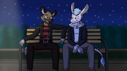  16:9 aggretsuko anthro asinus bench biker_jacket clothing donkey duo equid equine haida_(aggretsuko) hoodie hyena jde10 male mammal outside sanrio sitting sky spotted_hyena star starry_sky tadano_(aggretsuko) topwear widescreen 