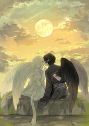  1boy ahoge back black_hair black_vs_white black_wings cloud commentary_request couple dress earrings feathered_wings female full_moon highres jewelry kissing long_hair long_sleeves looking_at_another lying moon original outdoors pointy_ears purimo_(xxxmofmof) ribbon rock shooting_star short_hair sitting straight sunset white_dress white_hair white_ribbon white_wings wings yellow_eyes 