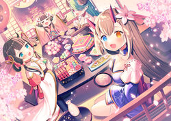  4girls :d ^_^ absurdres black_dress blue_dress blue_eyes blue_sleeves breasts brown_eyes brown_hair cleavage closed_eyes commentary_request curled_horns dango detached_sleeves dress dutch_angle eating flower food food_request green_hair hair_flower hair_ornament hair_over_one_eye hairclip heterochromia highres holding holding_food horns ikari_(aor3507) indoors japanese_clothes kimono long_hair long_sleeves medium_breasts multiple_girls outstretched_arms panilla_the_revival petals pink_kimono pointy_ears red_eyes sanshoku_dango single_horn smile strapless strapless_dress table tokkuri tray very_long_hair wagashi white_flower wide_sleeves 