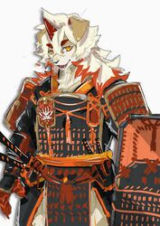  2023 absurd_res anthro ao_gravity arknights asian_clothing canid canine canis clothing domestic_dog east_asian_clothing fur hair hi_res horn hung_(arknights) hypergryph japanese_armor japanese_clothing long_hair looking_at_viewer male mammal shield solo studio_montagne tan_body tan_fur white_body white_fur white_hair yellow_eyes 