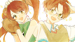  1boy :d animal_hands bow brown_hair creator_connection female glasses gloves green_bow green_eyes highres jinnai_enta open_mouth paran_(paran_b) paw_gloves sarazanmai short_sleeves simple_background smile sweater_vest trait_connection twintails upper_body yuri_kuma_arashi yurigasaki_lulu 