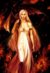  a_song_of_ice_and_fire breasts cleavage commentary_request daenerys_targaryen dragon dress female fire long_hair medium_breasts photoshop_(medium) reine_(artist) solo 