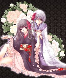  black_hair breasts flower frills fruits_basket japanese_clothes muu open_mouth purple_eyes smile souma_isuzu white_hair 