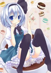  bad_id bad_pixiv_id black_hairband black_thighhighs blue_eyes blue_hair creamer_(vessel) cup female food grey_hair hairband holding honoka_chiffon in_container in_cup konpaku_youmu macaron mini_person minigirl panties short_hair smile solo teacup thighhighs touhou underwear white_panties 