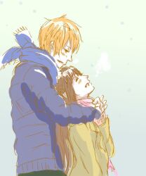  1boy blush brown_hair closed_eyes female fruits_basket honda_tooru long_hair orange_hair scarf short_hair snow sohma_kyo souma_kyou 