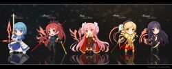  5girls absurdres akemi_homura artoria_pendragon_(fate) assassin_(fate/zero) assassin_(fate/zero)_(cosplay) blonde_hair blue_hair cape command_spell commentary_request cosplay creator_connection dagger diarmuid_ua_duibhne_(lancer)_(fate) diarmuid_ua_duibhne_(lancer)_(fate)_(cosplay) ea_(fate/stay_night) excalibur_(fate/stay_night) fate/zero fate_(series) gae_buidhe_(fate) gae_dearg_(fate) gilgamesh_(fate) gilgamesh_(fate)_(cosplay) highres iskandar_(fate) iskandar_(fate)_(cosplay) kaname_madoka knife mahou_shoujo_madoka_magica mahou_shoujo_madoka_magica_(anime) miki_sayaka multiple_girls photoshop_(medium) pink_hair red_hair saber_(fate) saber_(fate)_(cosplay) sakura_kyoko sevendayswar tomoe_mami two_side_up ultimate_madoka weapon 