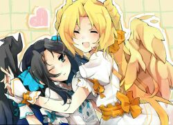  2girls bad_id bad_pixiv_id black_hair blonde_hair blue_eyes blush closed_eyes heart holding_hands interlocked_fingers kyoukaisenjou_no_horizon long_hair malga_naruze margot_knight multiple_girls one_eye_closed smile tsuka_(raikousama) wings 