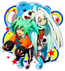  1boy akishima_kei bad_id bad_pixiv_id baggy_pants bear fei_rune female fingerless_gloves gloves green_eyes green_hair inazuma_eleven_(series) inazuma_eleven_go inazuma_eleven_go_chrono_stone long_hair manto_(inazuma_eleven) open_mouth pants soccer_uniform sportswear very_long_hair wonderbat 