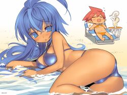  2girls ahoge ass beach bikini blade_(galaxist) blue_bikini blue_eyes blue_hair blush breasts chibi cup dark-skinned_female dark_skin drinking_straw hasegawa_suzuho large_breasts long_hair looking_at_viewer lying magician&#039;s_academy multiple_girls on_side pointy_ears red_hair sand short_hair sleeping swimsuit tanarot tropical_drink water 