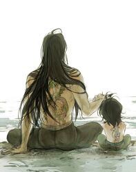  2boys back_tattoo black_hair commentary_request dragon_ryuuhou dragon_shiryuu father_and_son from_behind headpat jobo_(isi88) lolicon long_hair multiple_boys saint_seiya saint_seiya_omega short_hair spoilers tattoo 