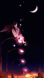  1boy axis_powers_hetalia black_hair black_wings commentary_request crescent_moon japan_(hetalia) japanese_clothes male_focus moon na_(sodium) night night_sky pom_pom_(clothes) sitting sky solo twilight wings 