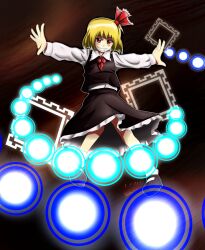  ascot blonde_hair bow danmaku female female hair_ribbon hairbow red_eyes ribbon rumia short_hair skirt skirt_set smile solo spell_card ssgt-lulz touhou youkai 