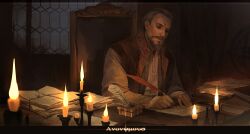  1boy bad_id bad_pixiv_id beard candle chair closed_eyes copyright_request facial_hair feathers highres male_focus manly onisakiyoruka paper photoshop_(medium) shirt solo white_hair window writing 