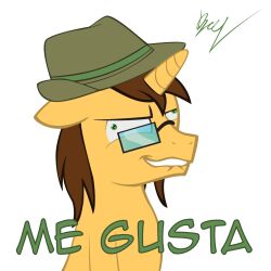  1:1 alpha_channel avoid_posting bc92 big_eyes bite biting_lip biting_own_lip brown_hair bust_portrait clothing equid equine eyewear fedora flat_colors fur glasses green_eyes hair hasbro hat headgear headwear horn lips male mammal me_gusta meme mostly_nude my_little_pony mythological_creature mythological_equine mythology orange_body orange_fur pince-nez portrait self_bite short_hair simple_background smile solo spanish_text text toony translated transparent_background unicorn 