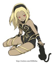  animal black_cat blonde_hair commentary_request dark-skinned_female dark_skin dress dusty_(gravity_daze) feline female gravity_daze headpat kitten_(gravity_daze) metier2501 red_eyes scarf short_hair signature sitting strapless strapless_dress vambraces watermark web_address wristband 