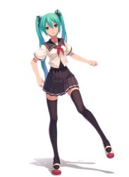  absurdres chinese_commentary commentary_request female fkey full_body green_eyes green_hair hair_ribbon hatsune_miku highres long_hair photoshop_(medium) pleated_skirt project_diva_(series) project_diva_2nd ribbon school_uniform serafuku shadow shoes signature simple_background skirt solo standing standing_on_one_leg thighhighs twintails uwabaki vocaloid white_background 