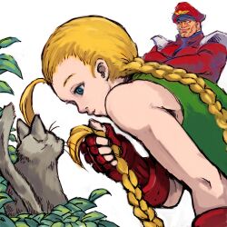  1boy blonde_hair blue_eyes cammy_white capcom feline female gloves lowres pixiv_thumbnail simple_background street_fighter syetera vega white_background 