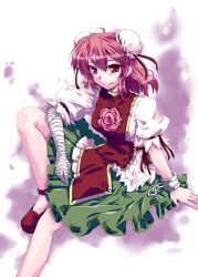  bandages bun_cover chains commentary_request cuffs double_bun female hair_bun ibaraki_kasen light_smile photoshop_(medium) pink_hair red_eyes shackles short_hair sitting solo tabard takana_shinno touhou 