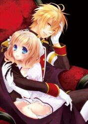  1boy amnesia_(idea_factory) bad_id bad_pixiv_id bishounen blonde_hair blue_eyes brown_hair chair couple crown dress female gloves heroine_(amnesia) puffy_sleeves short_hair sitting skirt smile straight toma_(amnesia) uniform white_dress yamika yellow_eyes 