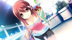  bag belt breasts casual cleavage crepe female food game_cg grin hair_ribbon highres himegi_ageha kono_oozora_ni_tsubasa_wo_hirogete leaning_forward looking_at_viewer medium_breasts motoi_ayumu red_eyes red_hair ribbon shopping_bag short_hair shorts smile strapless 