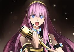  armband blue_eyes commentary female headset kriss_sison long_hair megurine_luka microphone nail_polish open_mouth pink_hair ringed_eyes solo vintage_microphone vocaloid 