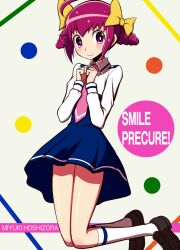  blush bow character_name commentary_request copyright_name eyelashes female hairbow hoshizora_miyuki nanairogaoka_middle_school_uniform necktie pink_eyes pink_hair pink_necktie precure school_uniform shirono short_hair smile smile_precure solo twintails 