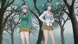  2girls bare_legs blazer blue_hair bow breasts candy cleavage demon_girl flashback kurono_ageha lollipop long_hair multiple_girls ponytail rosario+vampire shirayuki_tsurara succubus yuki_onna 