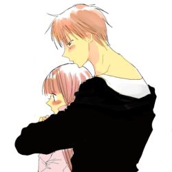  1boy blush brown_hair couple female fruits_basket honda_tooru long_hair orange_eyes pink_hair short_hair sohma_kyo sohma_kyou souma_kyou usuikoromo 