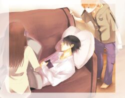  2boys black_hair book brown_hair closed_eyes female fruits_basket honda_tooru multiple_boys orange_eyes orange_hair pillow sleeping sohma_kyo sohma_shigure souma_kyou souma_shigure 