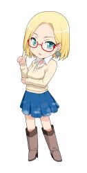  artist_request blonde_hair chibi claudia_madobe earrings female glasses highres jewelry microsoft_windows red-framed_eyewear semi-rimless_eyewear simple_background solo standing sweater under-rim_eyewear unmoving_pattern white_background 