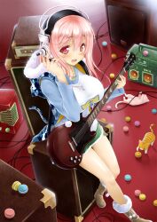  adjusting_hair amplifier blush boombox boots breasts cable commentary_request feline female food fur_trim green_shorts guitar headphones highres hood hoodie instrument large_breasts macaron nitroplus okitakung open_mouth pink_hair red_eyes shirt shorts sitting solo super_sonico taut_clothes taut_shirt 