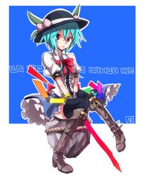  alternate_hair_length alternate_hairstyle bad_id bad_pixiv_id black_thighhighs blue_hair boots bow female food fruit hat hinanawi_tenshi keystone peach red_eyes shiroshi_(denpa_eshidan) short_hair sitting skirt solo sword_of_hisou thighhighs touhou 