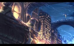  arch bridge brown_hair building commentary_request female from_below immersed letterboxed night night_sky photoshop_(medium) pixiv_fantasia pixiv_fantasia_sword_regalia purple_hair red_eyes scenery silverwing sky underwater water 