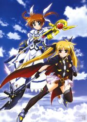  2girls absurdres bardiche black_legwear blonde_hair brown_hair cape cloud fate_testarossa hashimoto_takayoshi highres long_hair lyrical_nanoha mahou_shoujo_lyrical_nanoha mahou_shoujo_lyrical_nanoha_a&#039;s mahou_shoujo_lyrical_nanoha_the_movie_2nd_a&#039;s multiple_girls official_art purple_eyes raising_heart red_eyes short_twintails sky takamachi_nanoha thighhighs twintails very_long_hair 