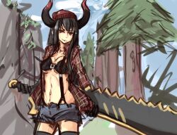  bikini bikini_top_only black_gold_saw black_hair black_rock_shooter breasts colorized commentary_request female hat horns huge_weapon japanese_saw king_saw long_hair lumberjack medium_breasts navel open_clothes open_shirt panties_(pantsu-pirate) plaid plaid_shirt red_eyes saw shirt short_shorts shorts solo suspenders swimsuit thighhighs underboob weapon 