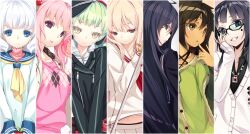  3: 6+girls :o black_eyes blonde_hair blue_eyes blue_hair brown_eyes brown_hair commentary_request finger_to_mouth glasses green_hair grin hand_on_own_cheek hand_on_own_face highres hinasaki_you long_hair multiple_girls original photoshop_(medium) pink_hair polka_dot purple_hair smile tongue tongue_out yellow_eyes 