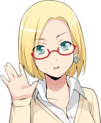  artist_request blonde_hair claudia_madobe earrings female glasses jewelry lowres microsoft_windows red-framed_eyewear semi-rimless_eyewear solo sweater under-rim_eyewear waving 