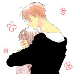  1boy blush brown_hair closed_eyes couple duo female flower fruits_basket honda_tooru long_hair pink_hair short_hair sohma_kyo sohma_kyou souma_kyou usuikoromo white_background 