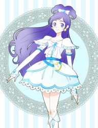  blue_eyes blue_hair boots bow brooch commentary_request cure_white dress earrings female futari_wa_precure futari_wa_precure_max_heart gloves half_updo heart heart_brooch jewelry kagami_chihiro knee_boots long_hair magical_girl precure solo yukishiro_honoka 