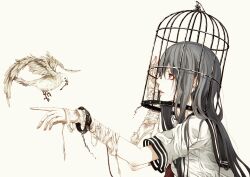  absurdres bad_id bad_pixiv_id bandages bird birdcage black_hair bouno_satoshi cage commentary_request cuffs female highres key lips long_hair monochrome original purple_eyes school_uniform scratches serafuku simple_background solo spot_color 