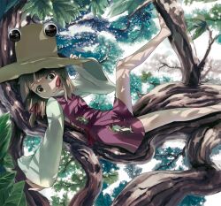  barefoot blonde_hair brown_eyes commentary_request dappled_sunlight dress female hair_ribbon hand_on_headwear hat in_tree lying moriya_suwako on_back ribbon sinzan smile solo sunlight touhou tree tree_shade 