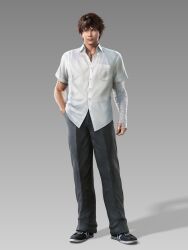  3d absurdres bandage female full_body gradient gradient_background highres jewelry kamiya_shin male male_focus namco necklace official_art shoes short_hair simple_background sneakers solo tekken tekken_blood_vengeance 