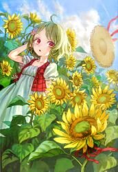  :o adapted_costume aged_down ahoge album_cover ama-tou blue_sky cloud commentary_request cover day dress female flower foxfactory green_hair hair_flower hair_ornament hat kazami_yuuka looking_at_viewer plaid plaid_vest puffy_sleeves red_eyes ribbon short_hair short_sleeves sky solo straw_hat sundress sunflower touhou unworn_hat unworn_headwear vest 