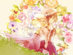  6+girls apron ascot azuma_aya bare_shoulders blonde_hair boots bow braid brown_eyes brown_hair chibi closed_eyes commentary_request detached_sleeves dress floral_background flower folding_fan hair_flower hair_ornament hair_ribbon hair_tubes hairbow hakurei_reimu hand_fan hat hat_bow hat_ribbon hieda_no_akyuu holding_hands japanese_clothes kimono kirisame_marisa leaf long_hair maribel_hearn multiple_girls necktie oerba_yun_fang one_eye_closed open_mouth photoshop_(medium) purple_dress purple_eyes purple_hair red_eyes ribbon shoes short_hair side_braid skirt sleeves_past_wrists smile suspenders touhou usami_renko waist_apron white_legwear witch_hat yakumo_yukari yellow_eyes 