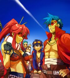  2girls 5boys aqua_hair belt bikini bikini_top_only blue_hair breasts darry_adai gimmy_adai goggles goggles_on_head i_(kaiyou) kamina_(ttgl) kamina_shades large_breasts leeron_littner multiple_boys multiple_girls navel red_hair rossiu_adai safety_glasses sarashi scarf simon_(ttgl) sky strap_gap studded_belt sunglasses swimsuit tengen_toppa_gurren_lagann tinted_eyewear topless_male triangular_eyewear yellow-tinted_eyewear yoko_littner 