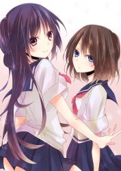  2girls bad_id bad_pixiv_id black_hair blue_eyes blush brown_eyes brown_hair long_hair multiple_girls onjouji_toki purple_hair red_eyes saki_(manga) saki_achiga-hen school_uniform senriyama_school_uniform serafuku shimizudani_ryuuka short_hair short_sleeves skirt smile umehara_umeko 